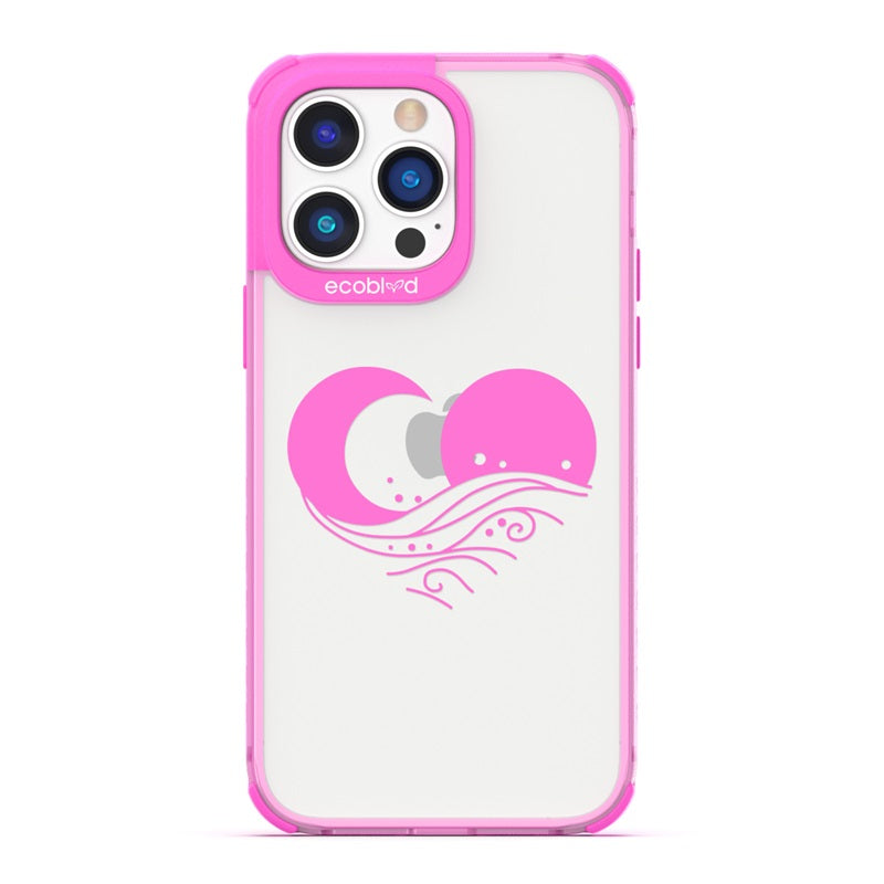 Laguna Collection - Pink Eco-Friendly iPhone 14 Pro Case With The Sun, Moon &  A Wave Forming A Heart On A Clear Back