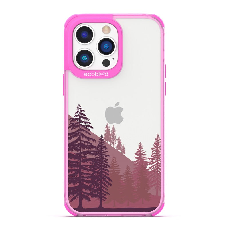 Laguna Collection - Pink Eco-Friendly iPhone 14 Pro Case With A Minimalist Pine Tree Forest On A Clear Back - Compostable
