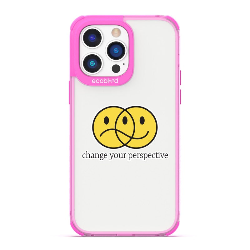 Laguna Collection - Pink Compostable iPhone 14 Pro Case With Happy/Sad Face & Change Your Perspective On A Clear Back