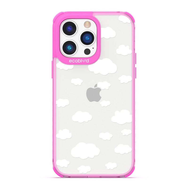 Laguna Collection - Pink Eco-Friendly iPhone 14 Pro Case With A White Cartoon Clouds Print On A Clear Back - Compostable