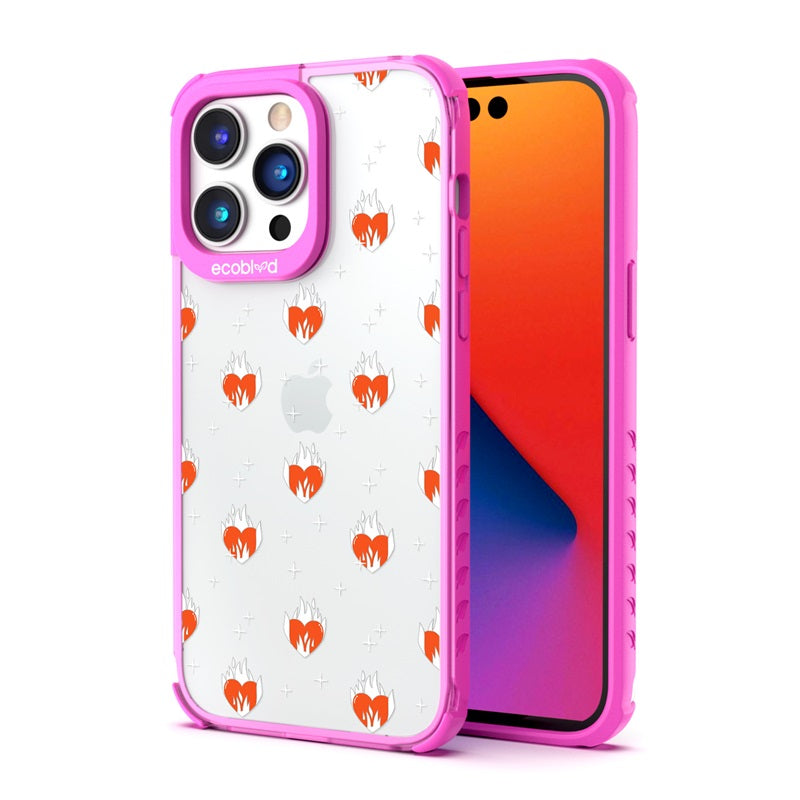 Back View Of The Pink iPhone 14 Pro Laguna Case With Burning Hearts Design On A Clear Back And Front View Of The Screen