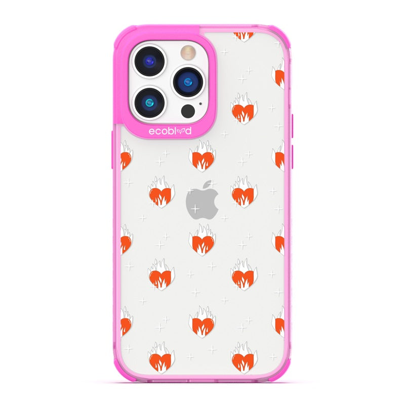 Laguna Collection - Pink Eco-Friendly iPhone 14 Pro Case With A Flaming Red Hearts And Stars Pattern On A Clear Back