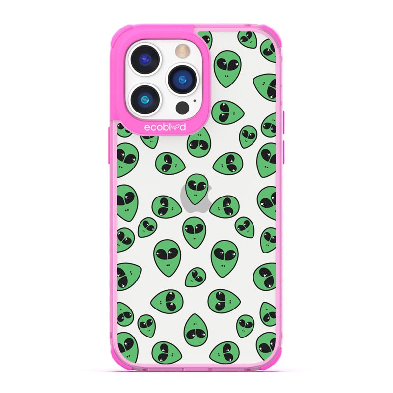 Laguna Collection - Pink Eco-Friendly iPhone 14 Pro Case With Green Cartoon Alien Heads On A Clear Back - Compostable