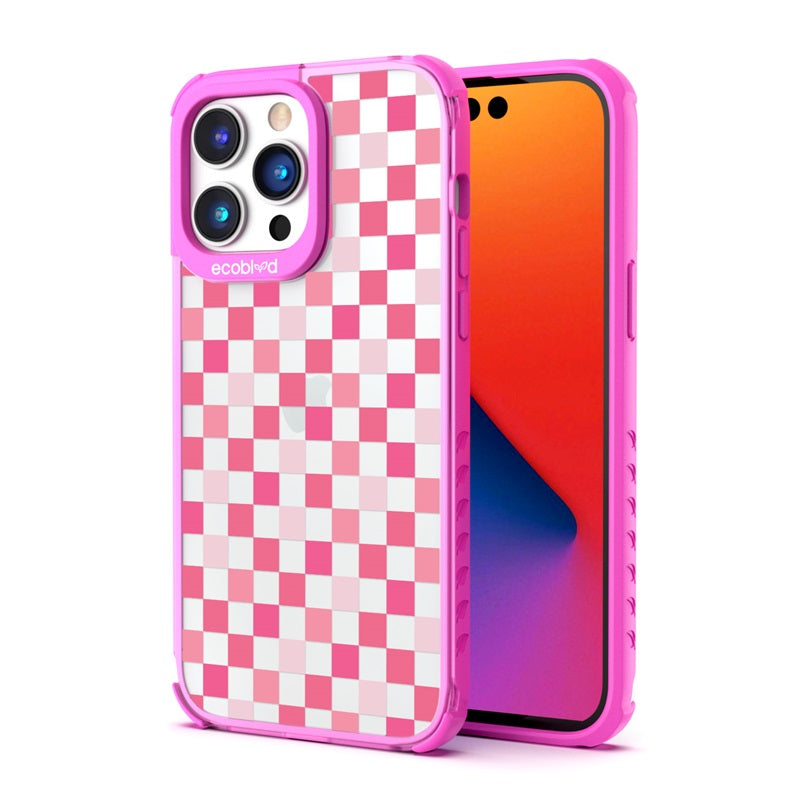 Back View Of The Pink iPhone 14 Pro Laguna Case With Checkered Print Design On A Clear Back And Front View Of The Screen