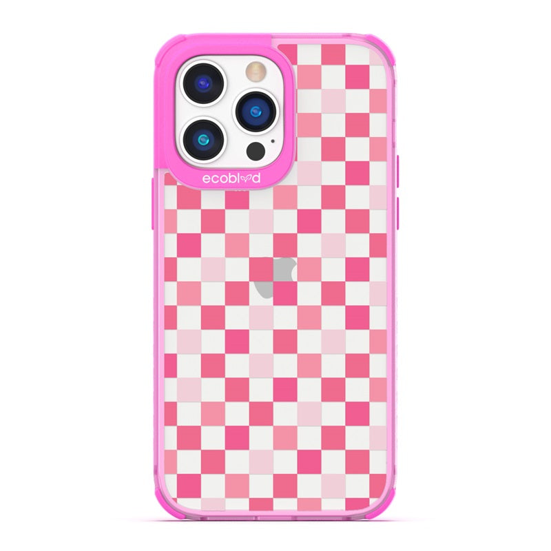 Laguna Collection - Pink Eco-Friendly iPhone 14 Pro Case With A Checkered Print Pattern On A Clear Back - Compostable