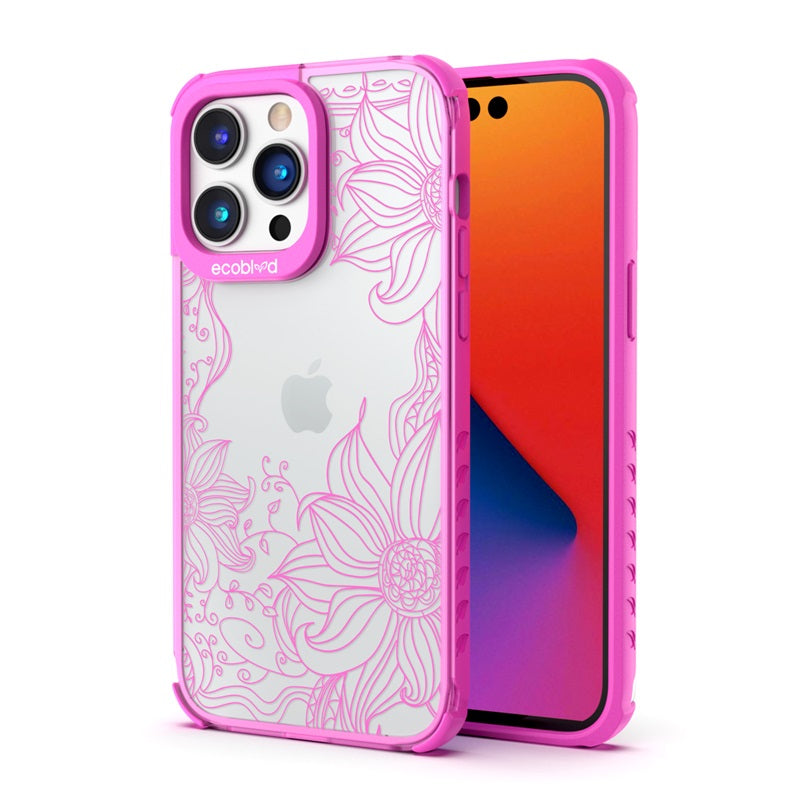 Back View Of Pink Compostable iPhone 14 Pro Laguna Case With The Flower Stencil Design & Front View Of The Screen