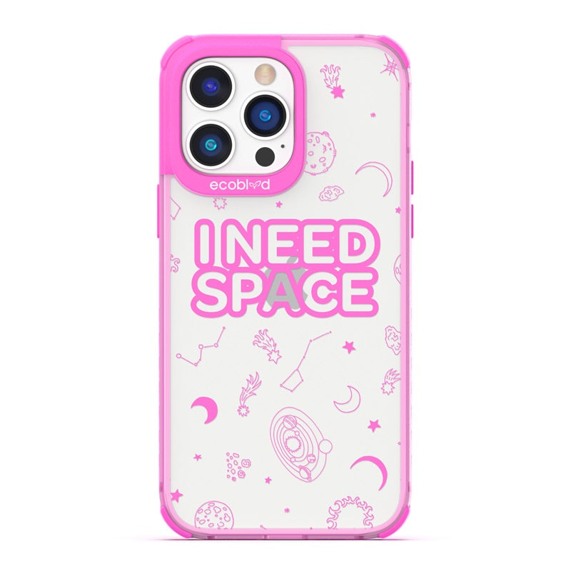 Laguna Collection - Pink Eco-Friendly iPhone 14 Pro Case With I Need Space, Constellations, And Planets On A Clear Back