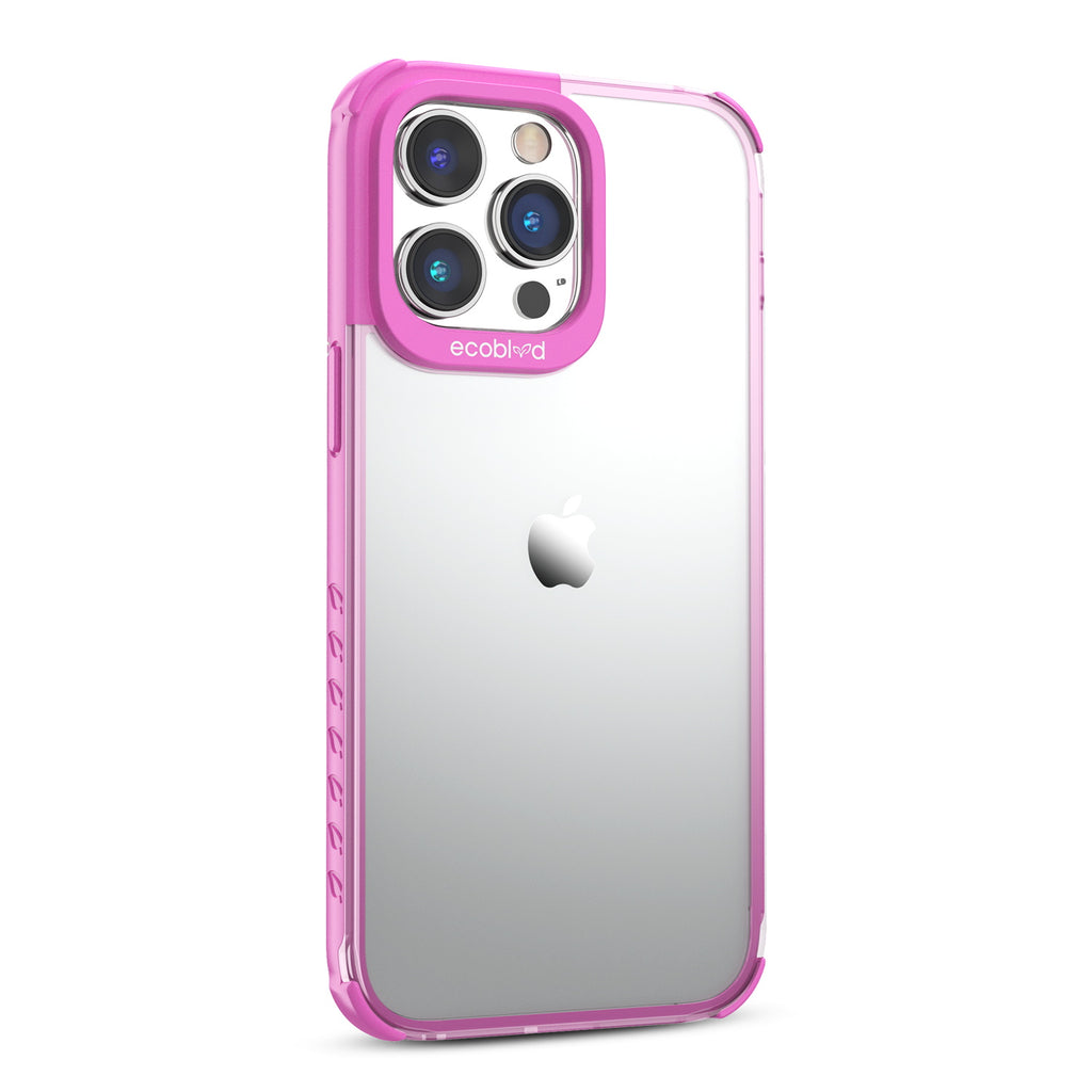 Right View Of Pink Laguna Collection iPhone 14 Pro Case With A Clear Back Showing Raised Camera Ring & Non-Slip Grip