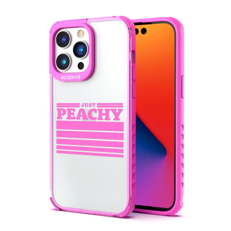 Back View Of The Pink Compostable iPhone 14 Pro Laguna Case With Just Peachy Design & Front View Of The Screen