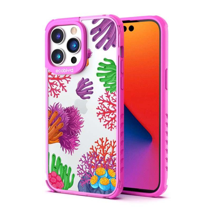 Back View Of Pink Compostable iPhone 14 Pro Laguna Case With The Coral Reef Design & Front View Of The Screen