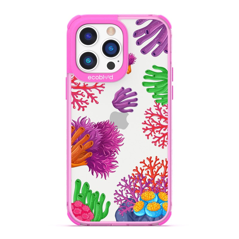 Laguna Collection - Pink Eco-Friendly iPhone 14 Pro Case With A Colorful Underwater Coral Reef Pattern On A Clear Back