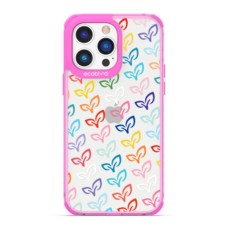 Laguna Collection - Pink Eco-Friendly iPhone 14 Pro Case With A Colorful EcoBlvd V-Leaf Monogram Print On A Clear Back 
