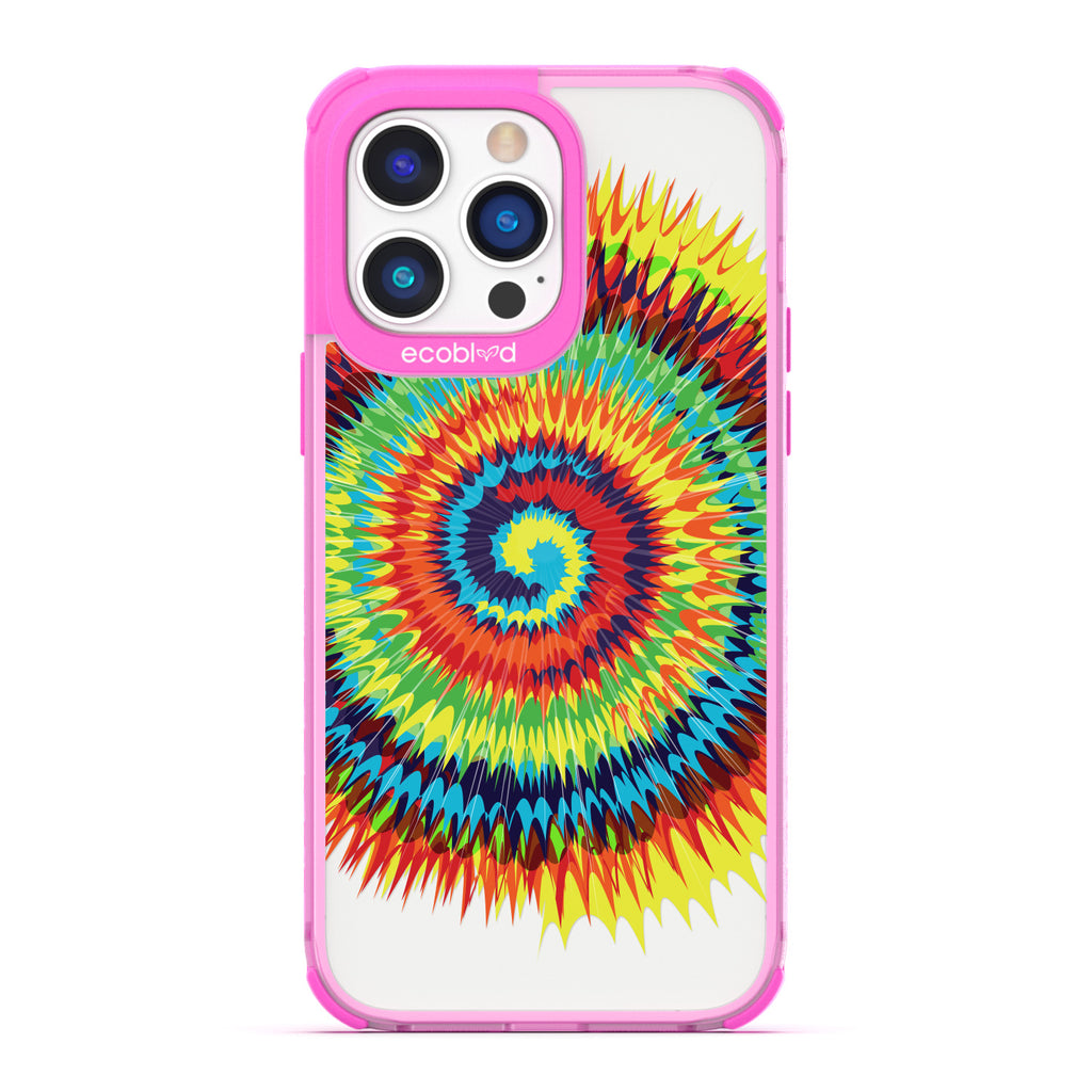 Laguna Collection - Pink Eco-Friendly iPhone 14 Pro Case With A Retro Rainbow Tie Dye Print On A Clear Back