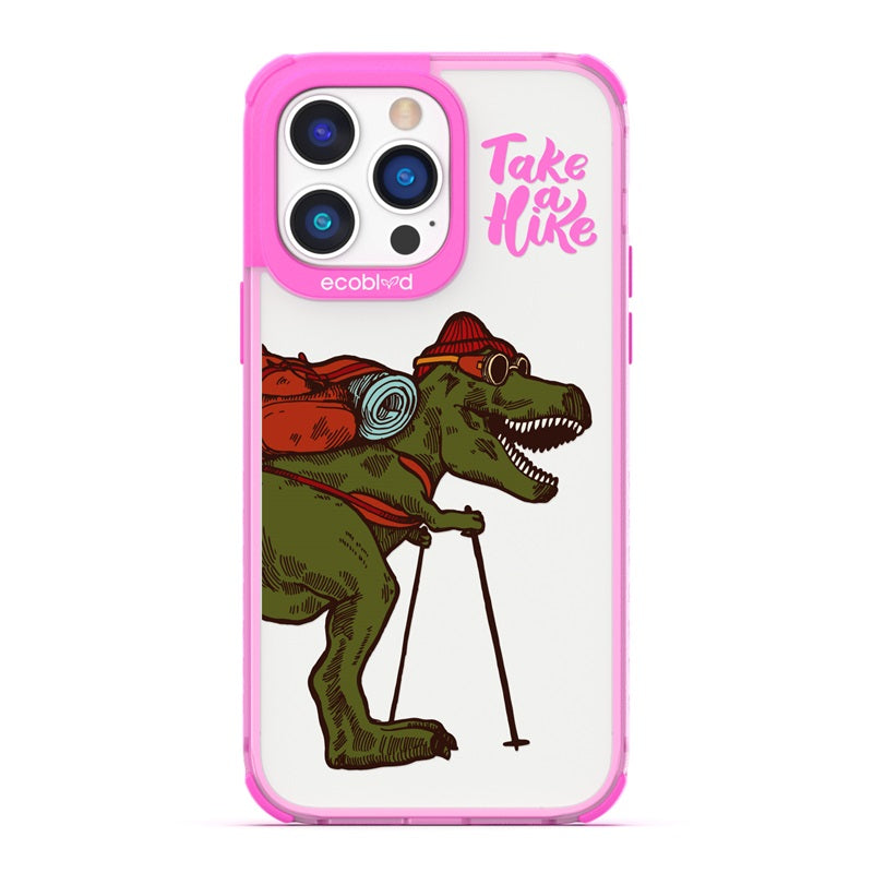 Laguna Collection - Pink Eco-Friendly iPhone 14 Pro Case With A Trail-Ready T-Rex And Take A Hike Quote On A Clear Back 