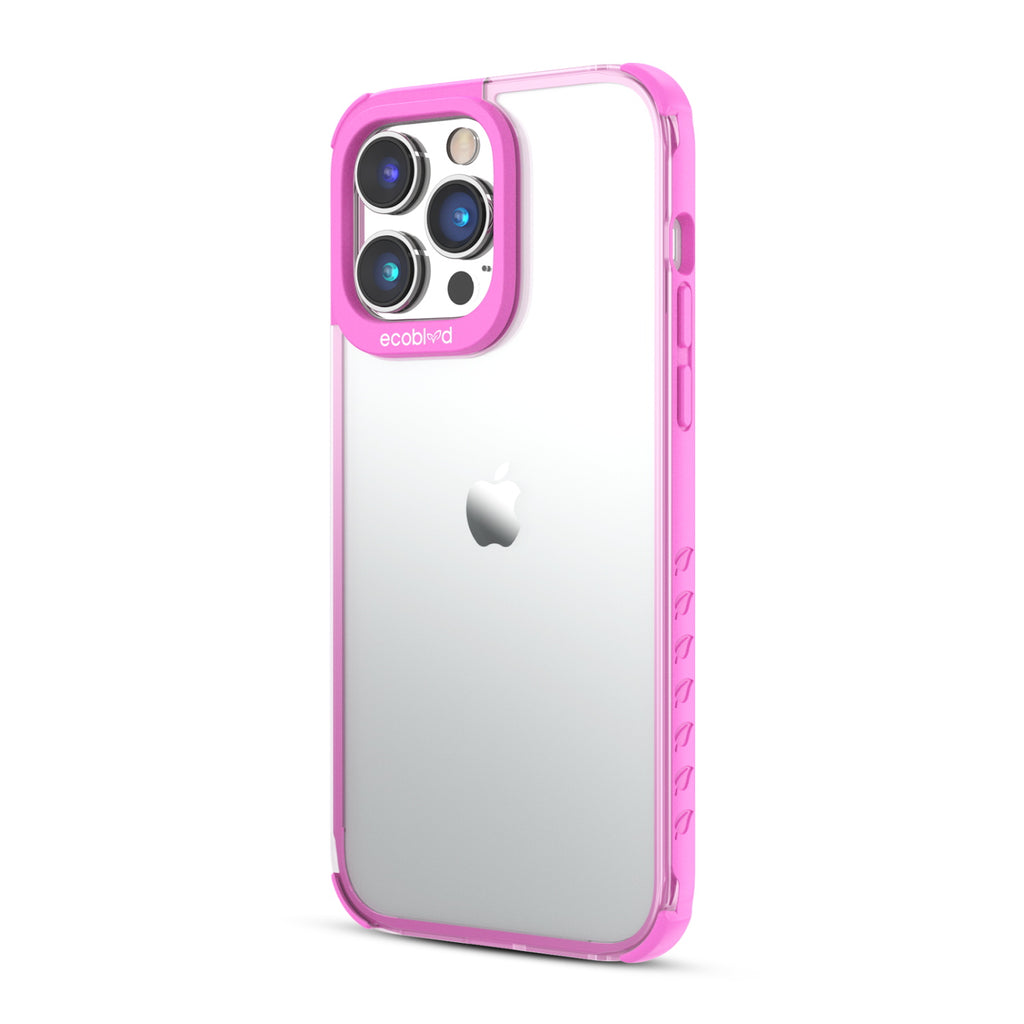Left View Of Pink Laguna Collection iPhone 14 Pro Case With A Clear Back Showing Volume Buttons & Non-Slip Grip