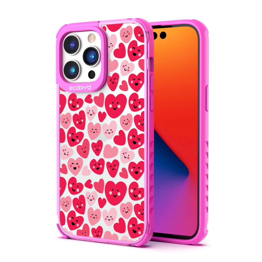 Back View Of Pink Eco-Friendly iPhone 14 Pro Clear Case With The Happy Hearts Design & Front View Of Screen