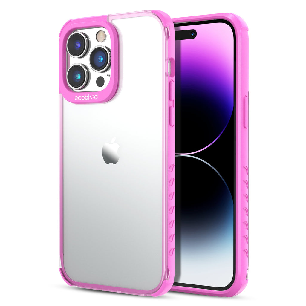 Back View Of The Pink iPhone 14 Pro Laguna Collection Case With A Clear Back And Front View Of The Screen