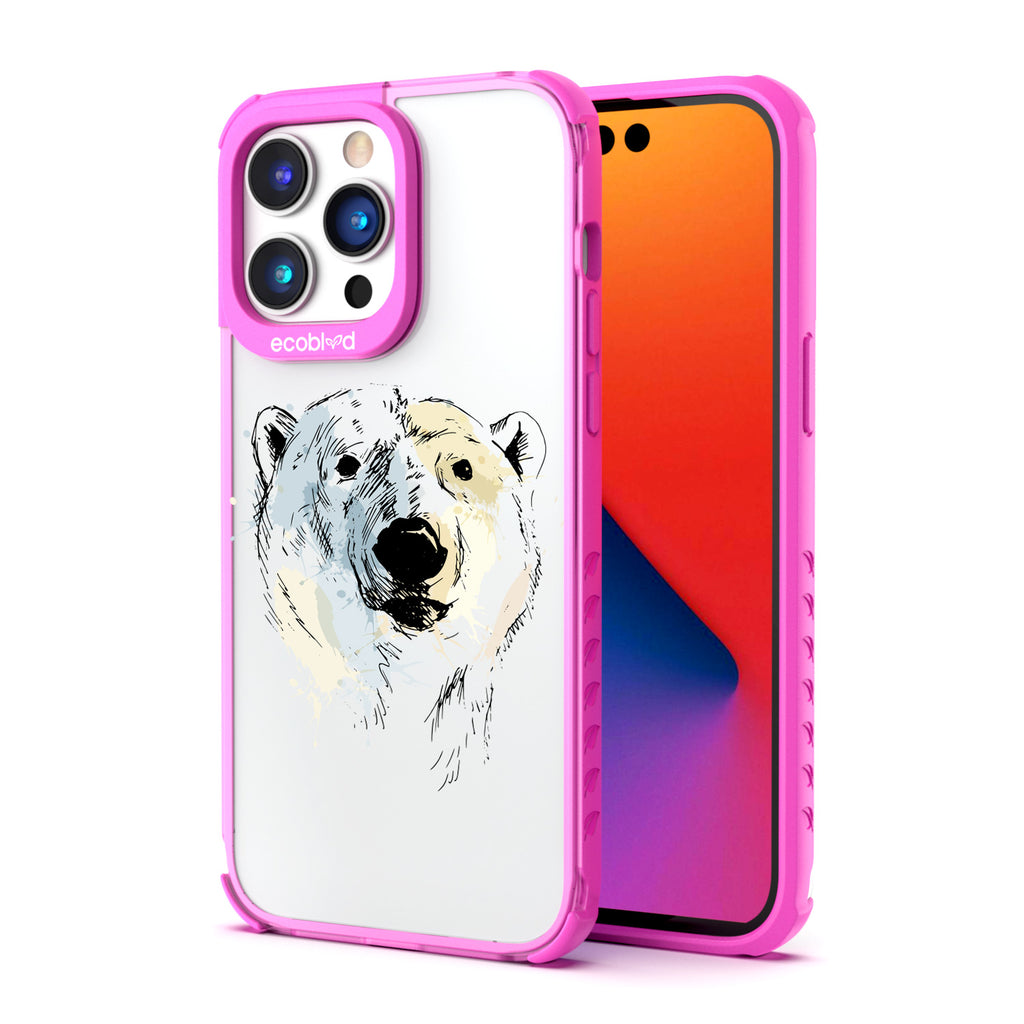 Back View Of Pink Eco-Friendly iPhone 14 Pro Clear Case With The Polar Bear Design & Front View Of Screen