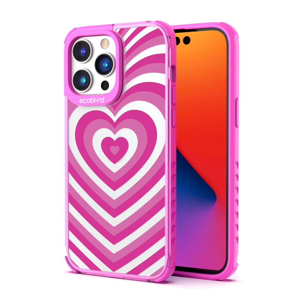 Back View Of Pink Eco-Friendly iPhone 14 Pro Clear Case With The Tunnel Of Love Design & Front View Of Screen