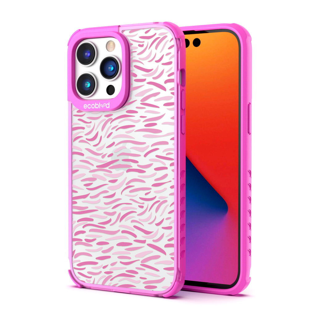Back View Of Eco-Friendly Pink iPhone 14 Pro Max Timeless Laguna Case With The Bush Stroke Design & Front View Of The Screen 