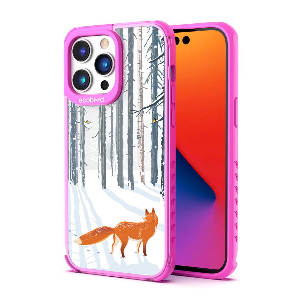 Back View Of Pink Eco-Friendly iPhone 14 Pro Clear Case With The Fox Trot In The Snow Design & Front View Of Screen