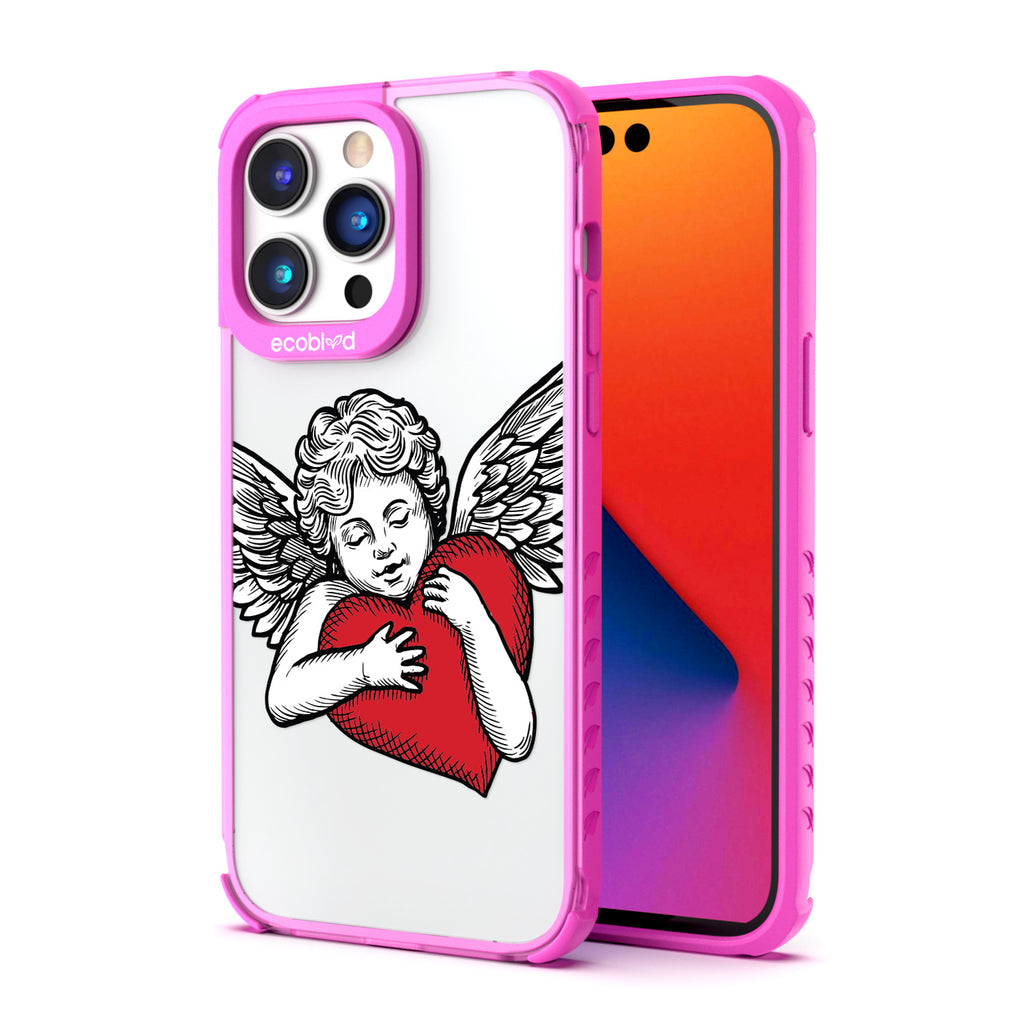 Back View Of Pink Eco-Friendly iPhone 14 Pro Clear Case With The Cupid Design & Front View Of Screen