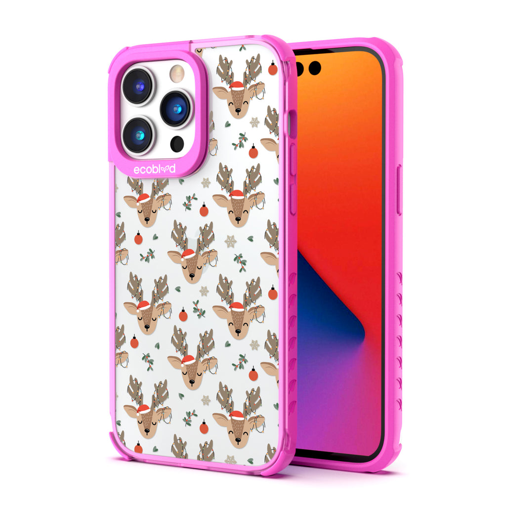 Back View Of Eco-Friendly Pink iPhone 14 Pro Winter Laguna Case With The Oh, Deer Design & Front View Of The Screen