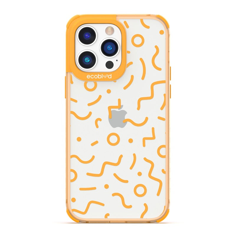 90's Kids - Yellow Eco-Friendly iPhone 14 Pro Case with Retro 90's Lines & Squiggles On A Clear Back