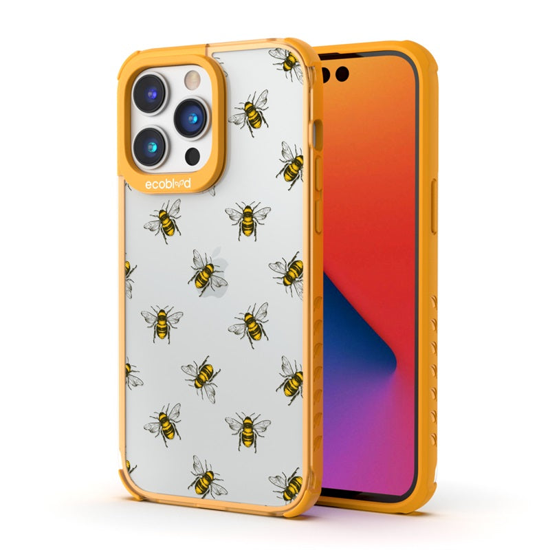 Back View Of The Yellow iPhone 14 Pro Laguna Case With The Bees Design On A Clear Back And Front View Of The Screen