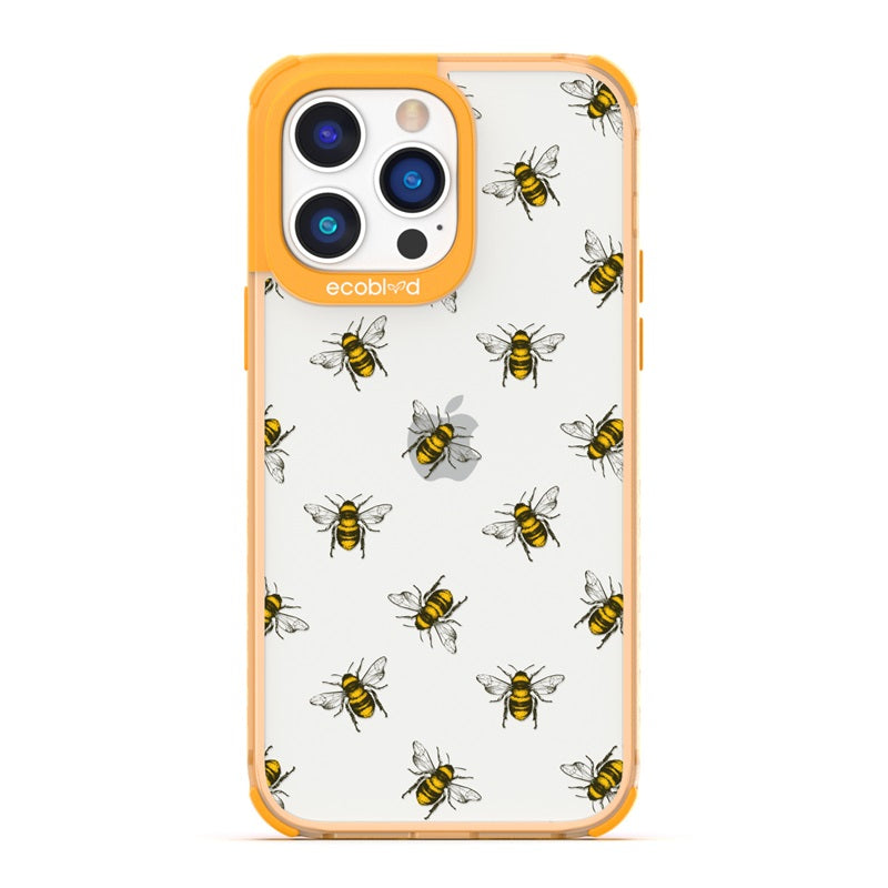 Laguna Collection - Yellow Eco-Friendly iPhone 14 Pro Case With A Honey Bees Design On A Clear Back - Compostable