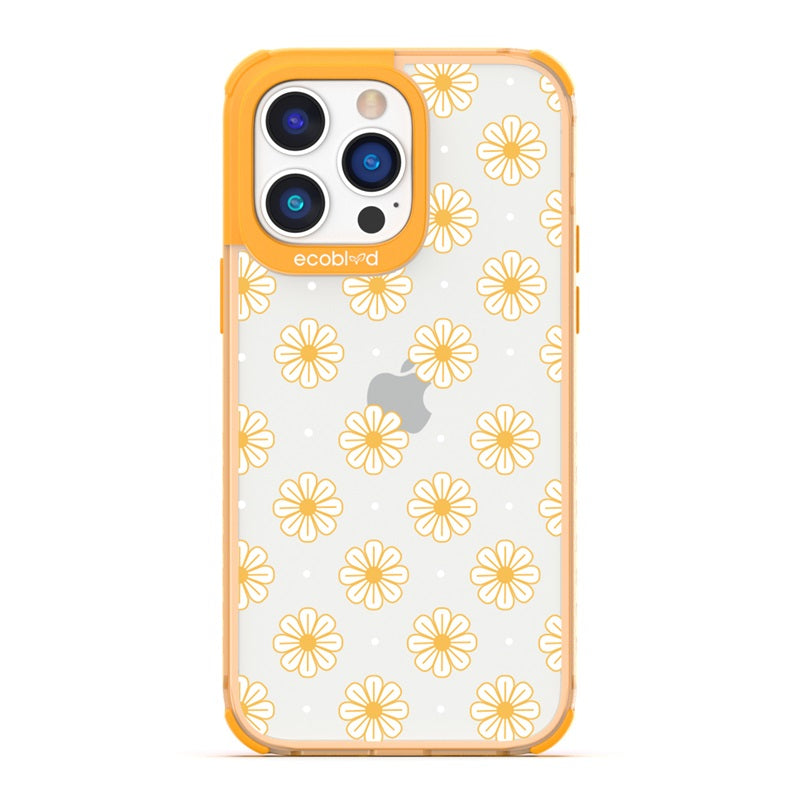 Laguna Collection - Yellow Eco-Friendly iPhone 14 Pro White Daisy And Dots Floral Pattern On A Clear Back - Compostable