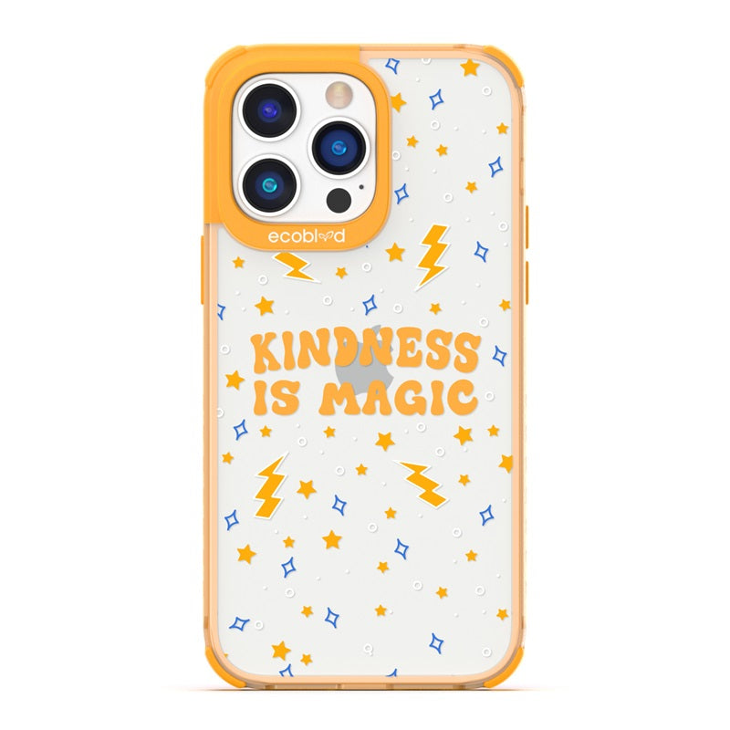 Laguna Collection - Yellow Compostable iPhone 14 Pro Case With Kindness Is Magic, Lightning & Stars On A Clear Back