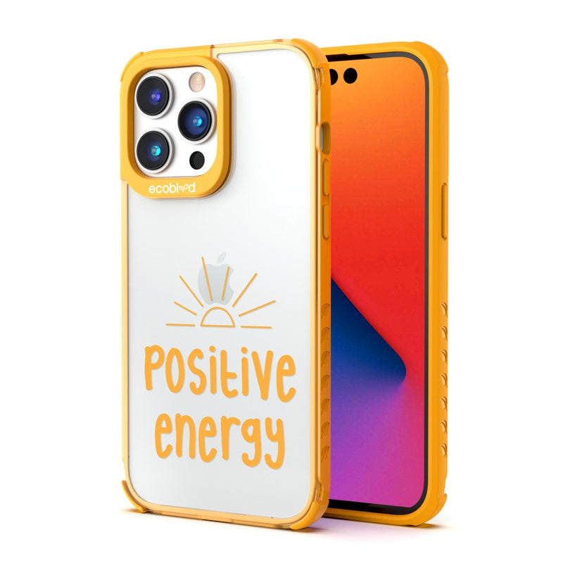 Back View Of The Yellow iPhone 14 Pro Laguna Case With The Positive Energy Design On A Clear Back And Front View Of The Screen