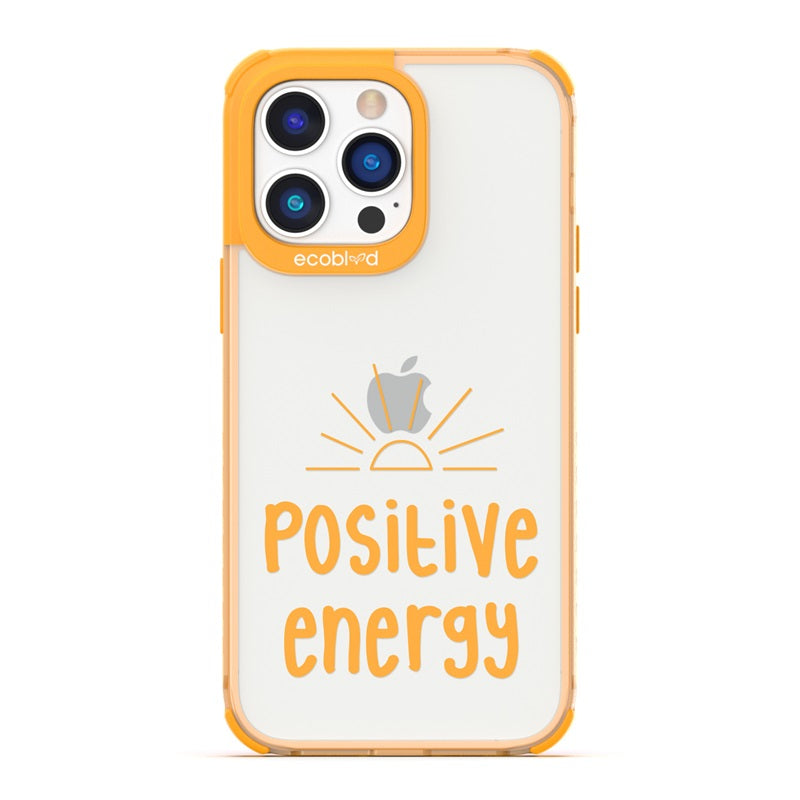 Laguna Collection - Yellow Eco-Friendly iPhone 14 Pro Case With A Sun Rising And Positive Energy Quote On A Clear Back