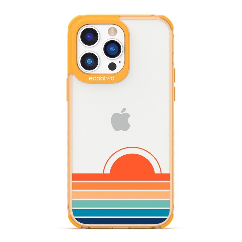 Laguna Collection - Yellow Eco-Friendly iPhone 14 Pro Case With Sun Rising From Rainbow Gradient Stripes On A Clear Back