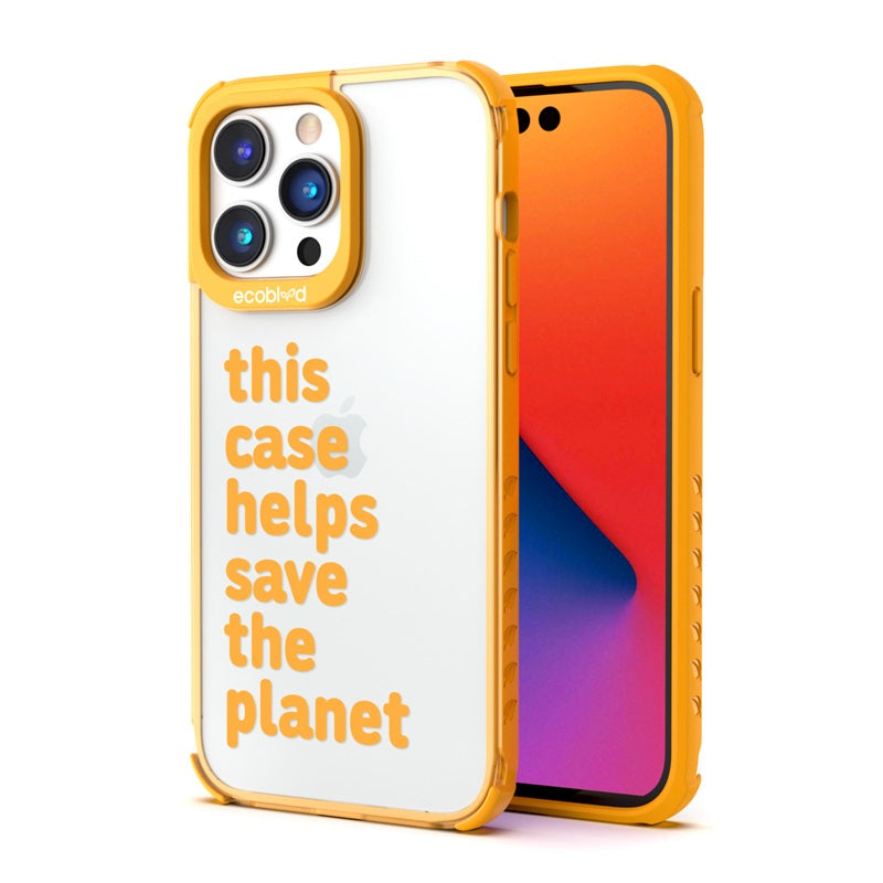 Back View Of The Yellow iPhone 14 Pro Laguna Case With Save The Planet Design On A Clear Back And Front View Of The Screen