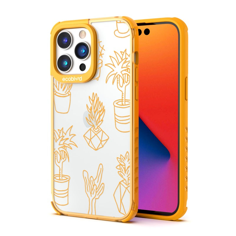 Back View Of The Yellow iPhone 14 Pro Laguna Case With Succulent Garden Design On A Clear Back And Front View Of The Screen