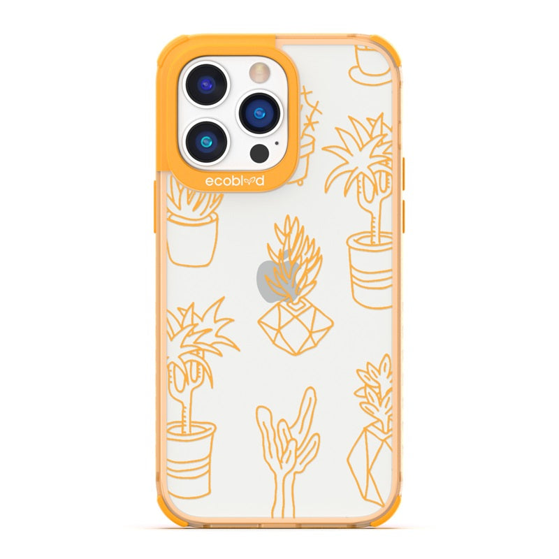 Laguna Collection - Yellow Eco-Friendly iPhone 14 Pro Case With Line Art Succulent Garden On A Clear Back - Compostable