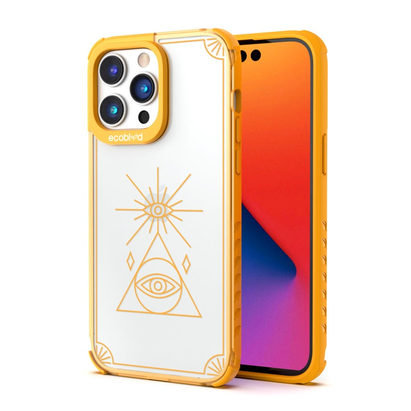 Back View Of The Yellow iPhone 14 Pro Laguna Case With The Tarot Card Design On A Clear Back And Front View Of The Screen