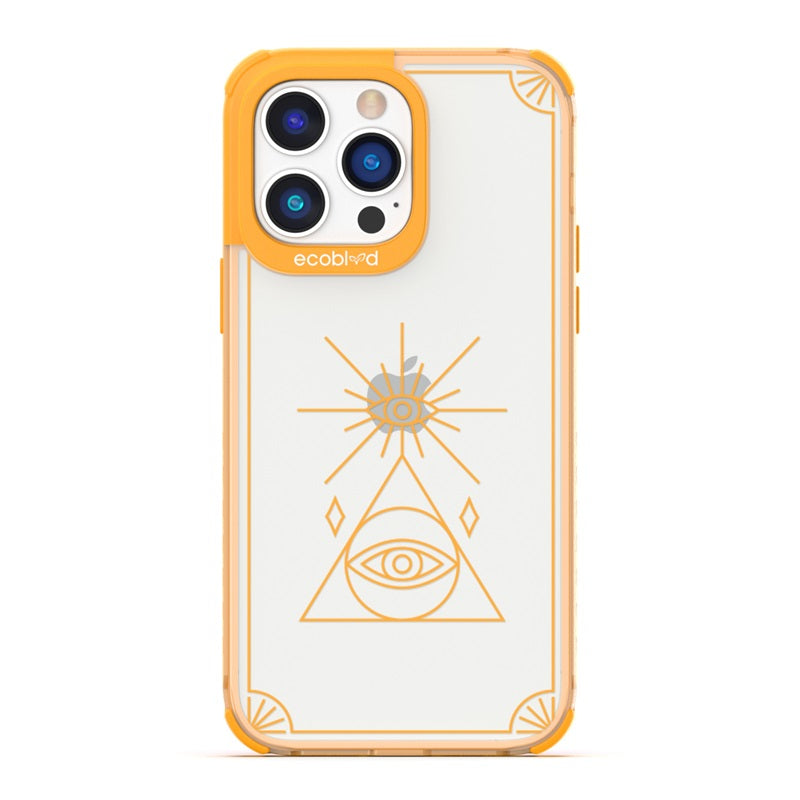 Laguna Collection - Yellow Eco-Friendly iPhone 14 Pro Case With An All Seeing Eye Tarot Card Design On A Clear Back
