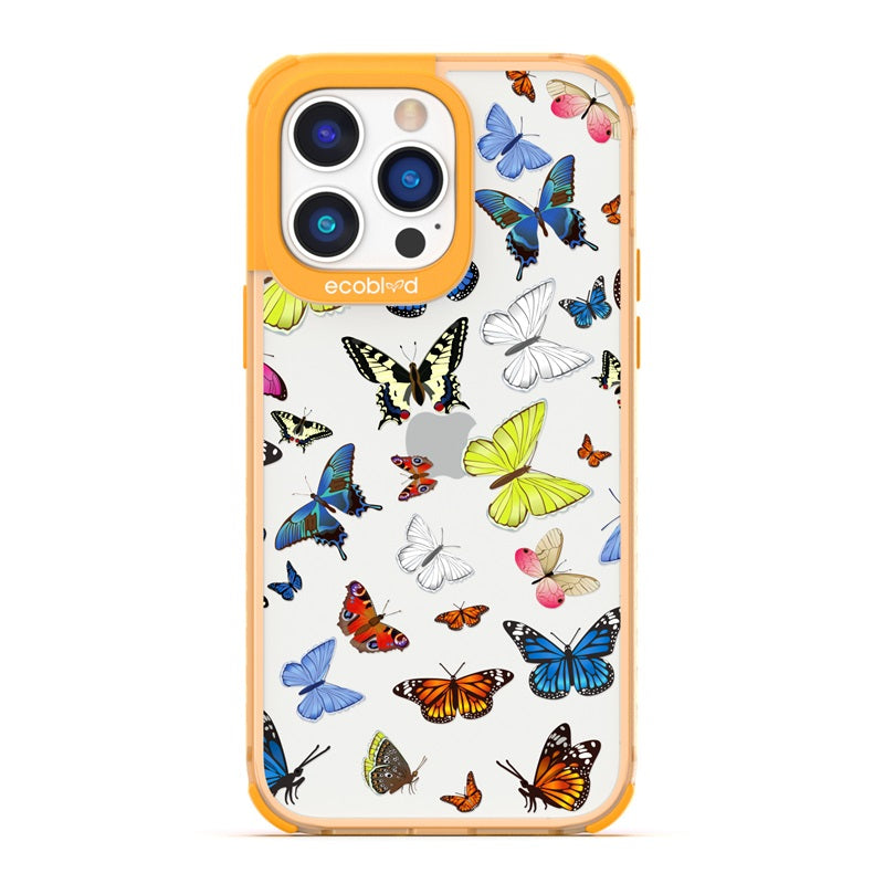 Laguna Collection - Yellow Eco-Friendly iPhone 14 Pro Case With Multicolored Butterflies On A Clear Back - Compostable