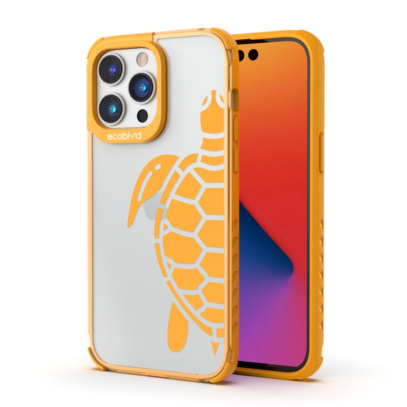 Back View Of The Yellow iPhone 14 Pro Laguna Case With The Sea Turtle Design On A Clear Back And Front View Of The Screen