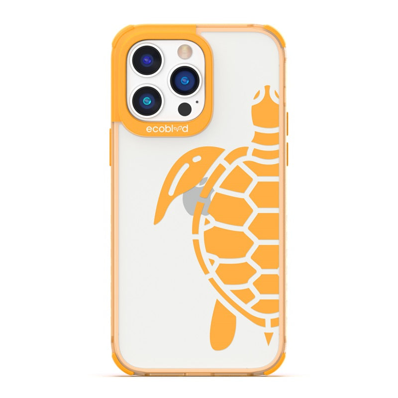 Laguna Collection - Yellow Eco-Friendly iPhone 14 Pro Case With A Minimalist Sea Turtle Design On A Clear Back - Compostable