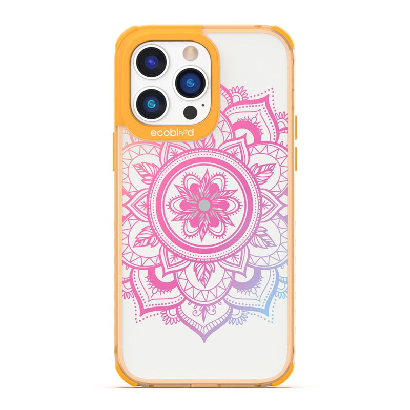 Laguna Collection - Yellow Eco-Friendly iPhone 14 Pro Case With A Pink Gradient Lotus Flower Mandala Design On A Clear Back