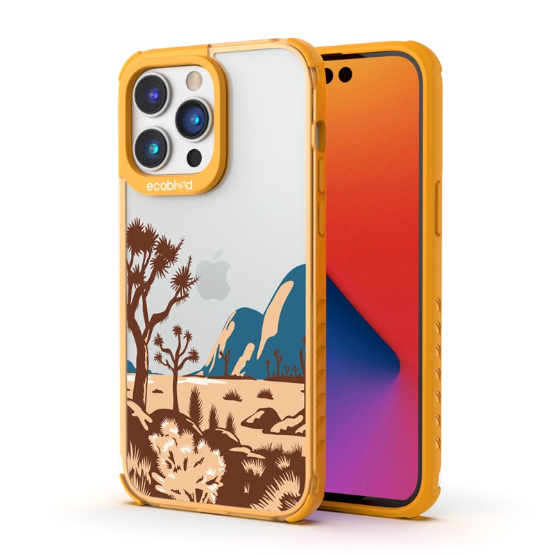 Back View Of The Yellow Compostable iPhone 14 Pro Laguna Case With Joshua Tree Design & Front View Of The Screen