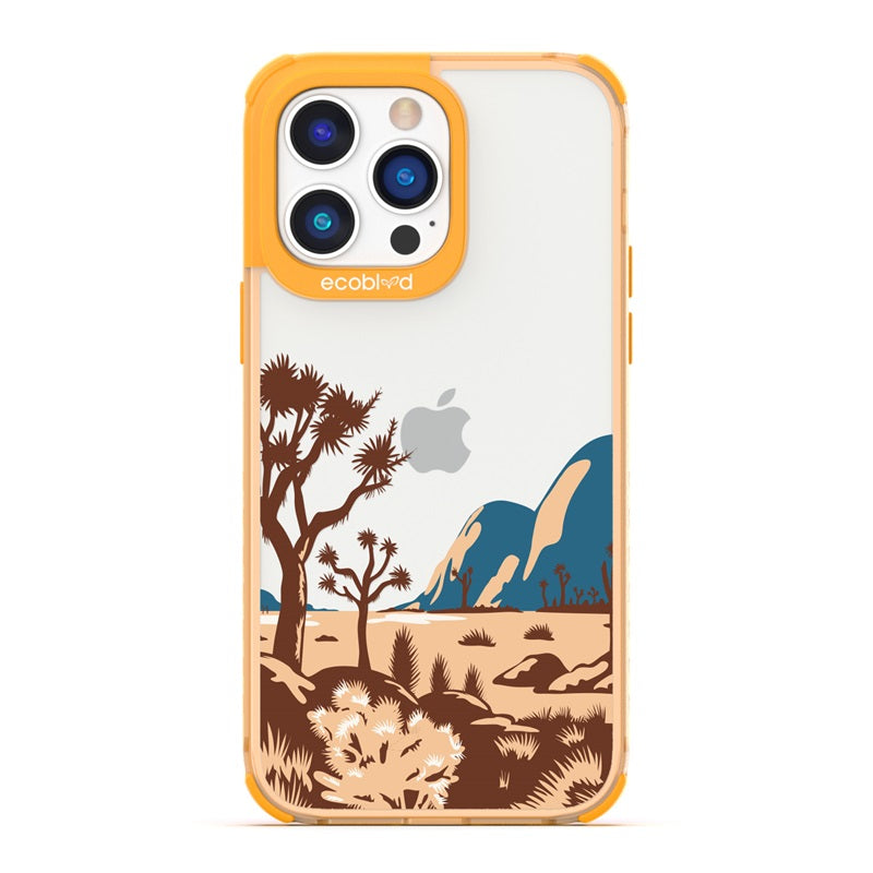 Laguna Collection - Yellow Eco-Friendly iPhone 14 Pro Case With Minimalist Joshua Tree Desert Landscape On A Clear Back