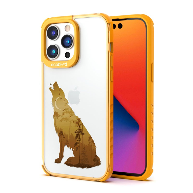 Back View Of The Yellow Compostable iPhone 14 Pro Laguna Case With The Howl At The Moon Design & Front View Of The Screen