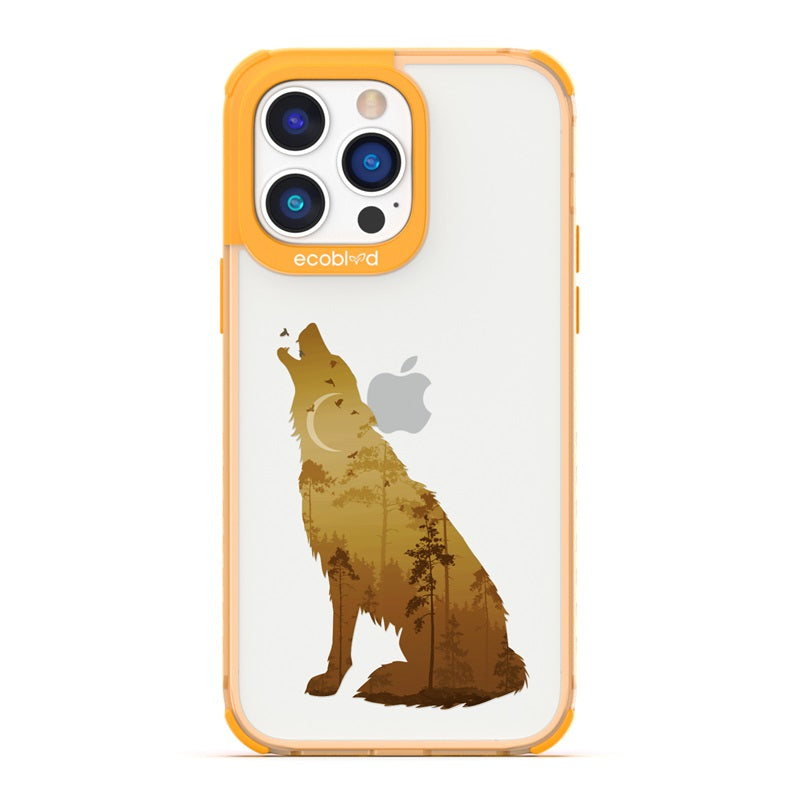 Laguna Collection - Yellow iPhone 14 Pro Case With A Howling Wolf Silhouette With Moonlit Woods Print On A Clear Back