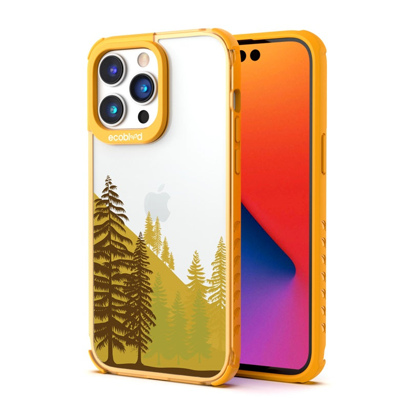Back View Of The Yellow Compostable iPhone 14 Pro Laguna Case With The Forest Design & Front View Of The Screen