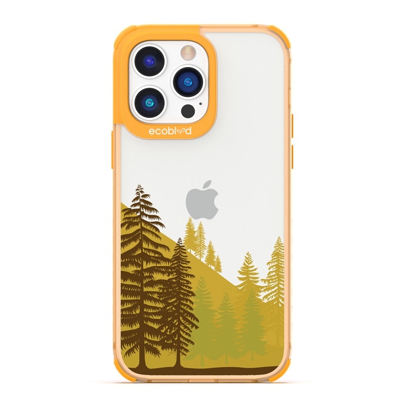 Laguna Collection - Yellow Eco-Friendly iPhone 14 Pro Case With A Minimalist Pine Tree Forest On A Clear Back - Compostable